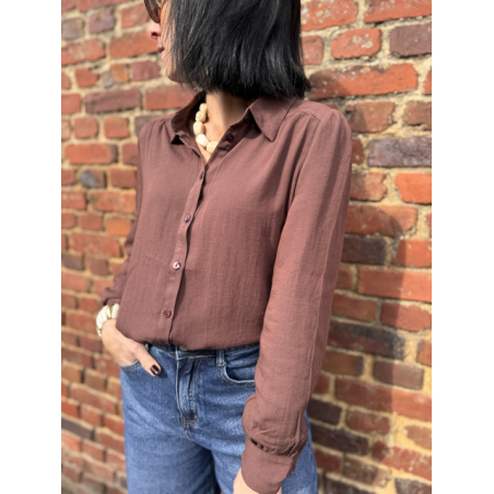 Chemise femme manches longues effet lin – Beige ou marron – Tailles XS à XL