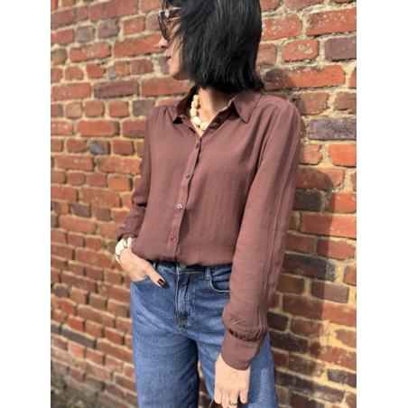 Chemise femme manches longues effet lin – Beige ou marron – Tailles XS à XL