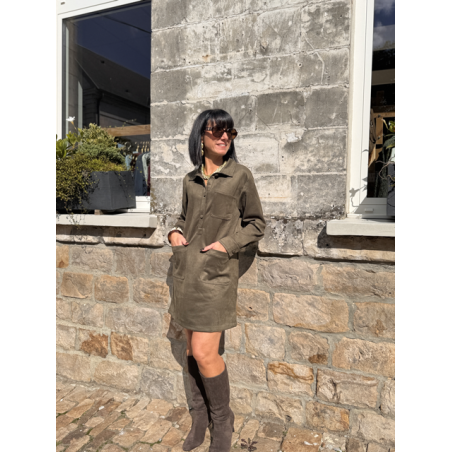Robe femme en daim marron ou kaki – Manches longues & col chemise – Tailles S, M, L
