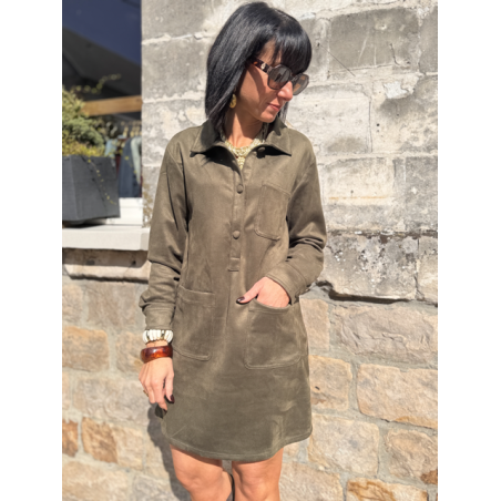 Robe femme en daim marron ou kaki – Manches longues & col chemise – Tailles S, M, L