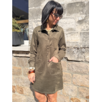 Robe femme en daim marron ou kaki – Manches longues & col chemise – Tailles S, M, L