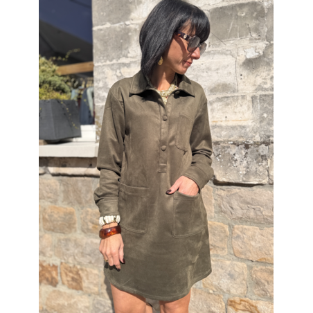 Robe femme en daim marron ou kaki – Manches longues & col chemise – Tailles S, M, L