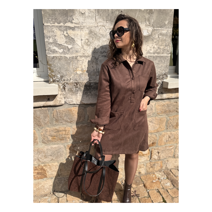 Robe femme en daim marron ou kaki – Manches longues & col chemise – Tailles S, M, L
