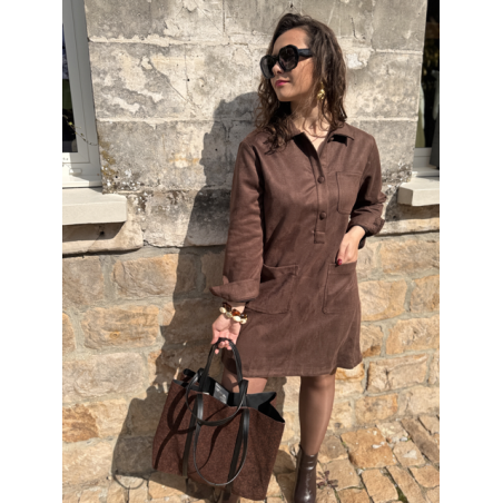 Robe femme en daim marron ou kaki – Manches longues & col chemise – Tailles S, M, L