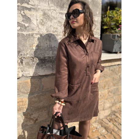 Robe femme en daim marron ou kaki – Manches longues & col chemise – Tailles S, M, L