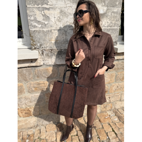 Robe femme en daim marron ou kaki – Manches longues & col chemise – Tailles S, M, L