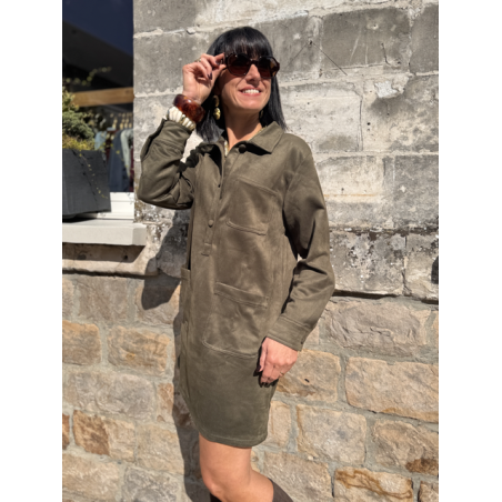 Robe femme en daim marron ou kaki – Manches longues & col chemise – Tailles S, M, L