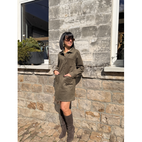 Robe femme en daim marron ou kaki – Manches longues & col chemise – Tailles S, M, L