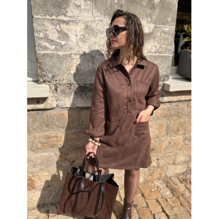 Robe femme en daim marron ou kaki – Manches longues & col chemise – Tailles S, M, L