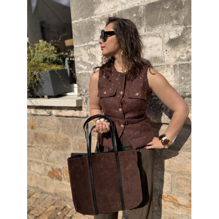 Boléro chic femme sans manches – Boutons dorés & ceinture – Tailles S, M, L