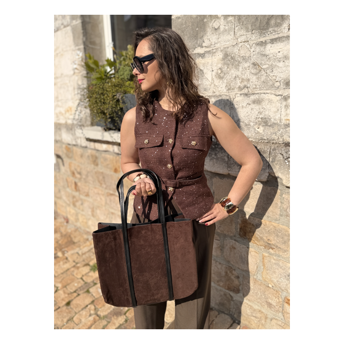 Boléro chic femme sans manches – Boutons dorés & ceinture – Tailles S, M, L