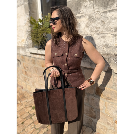 Boléro chic femme sans manches – Boutons dorés & ceinture – Tailles S, M, L