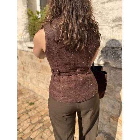 Boléro chic femme sans manches – Boutons dorés & ceinture – Tailles S, M, L
