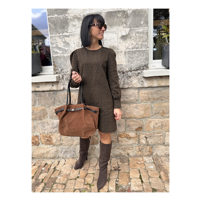 Robe léopard femme coton côtelé – Manches longues, col rond & boutons dorés