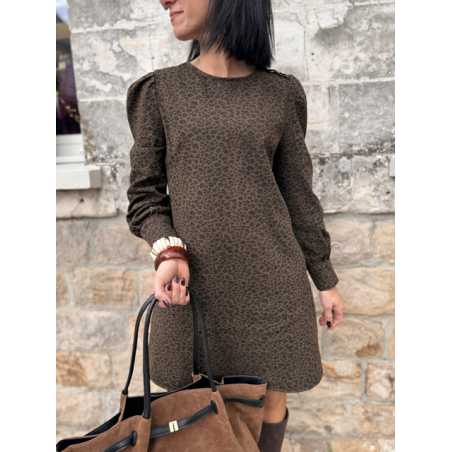 Robe léopard femme coton côtelé – Manches longues, col rond & boutons dorés