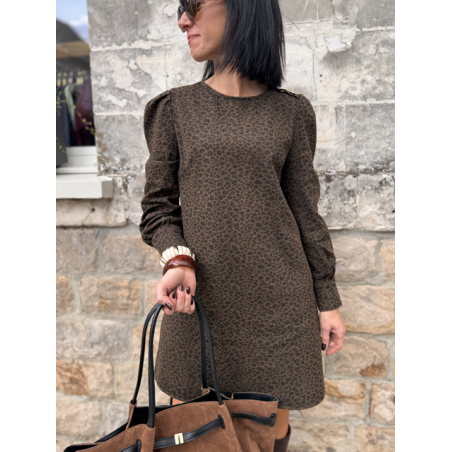Robe léopard femme coton côtelé – Manches longues, col rond & boutons dorés