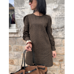 Robe léopard femme coton côtelé – Manches longues, col rond & boutons dorés