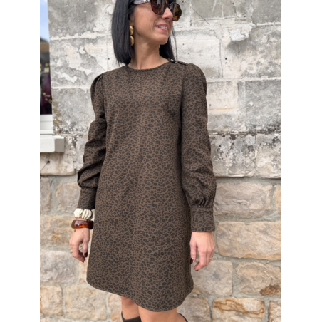 Robe léopard femme coton côtelé – Manches longues, col rond & boutons dorés