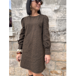Robe léopard femme coton côtelé – Manches longues, col rond & boutons dorés