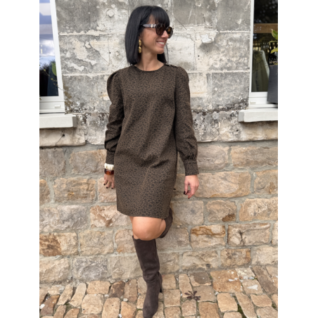 Robe léopard femme coton côtelé – Manches longues, col rond & boutons dorés
