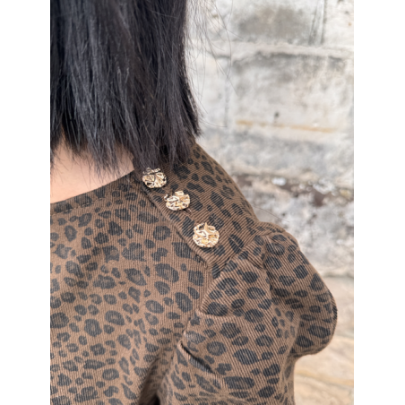 Robe léopard femme coton côtelé – Manches longues, col rond & boutons dorés