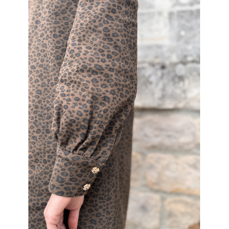 Robe léopard femme coton côtelé – Manches longues, col rond & boutons dorés