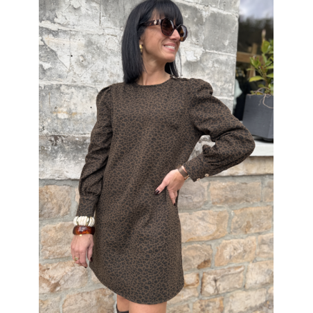 Robe léopard femme coton côtelé – Manches longues, col rond & boutons dorés