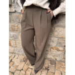 Pantalon marron ou Taupe de tailleur femme – Taille élastiquée et pinces – Du XS au L