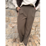 Pantalon marron ou Taupe de tailleur femme – Taille élastiquée et pinces – Du XS au L