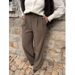 Pantalon marron ou Taupe de tailleur femme – Taille élastiquée et pinces – Du XS au L