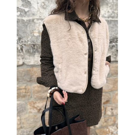 Gilet fausse fourrure femme – Marron ou beige, 2 poches, tailles SM ou ML