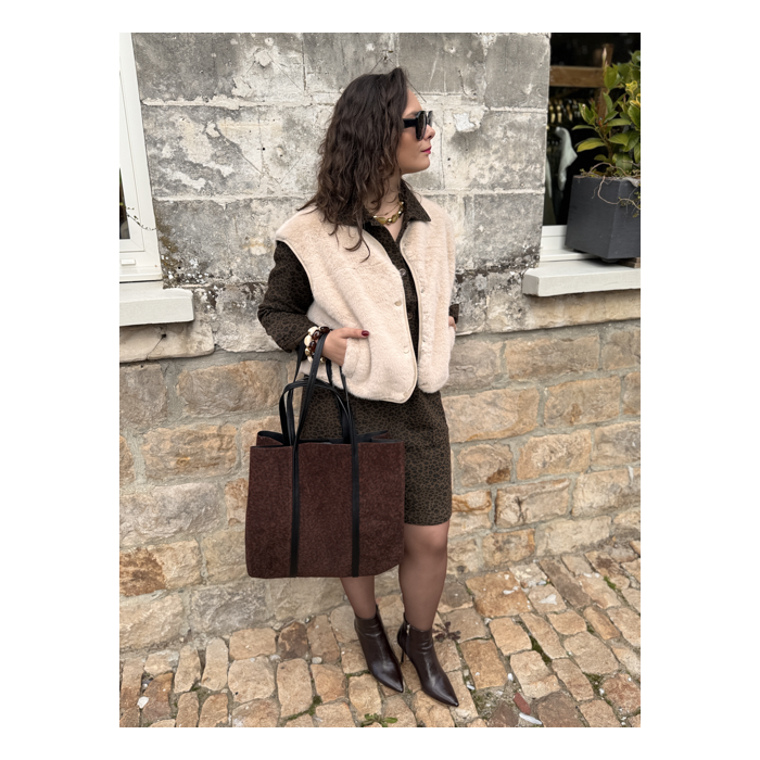 Gilet fausse fourrure femme – Marron ou beige, 2 poches, tailles SM ou ML