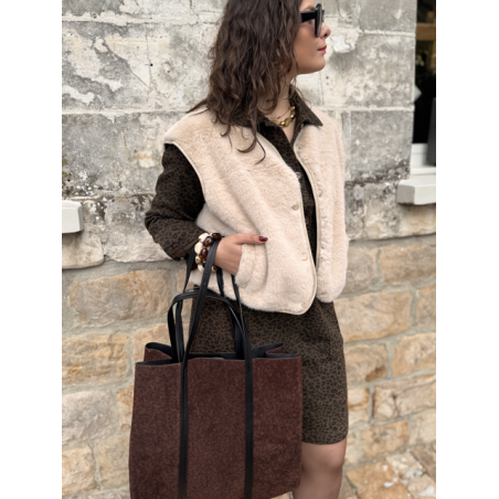 Gilet fausse fourrure femme – Marron ou beige, 2 poches, tailles SM ou ML