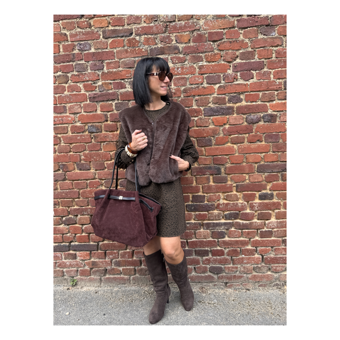 Gilet fausse fourrure femme – Marron ou beige, 2 poches, tailles SM ou ML