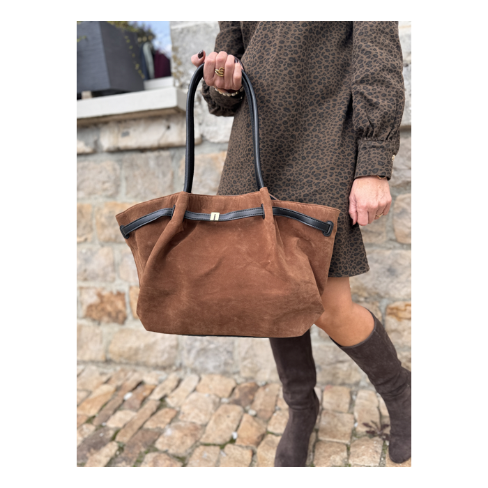 Sac en daim camel femme – Format shopping avec anses élégantes