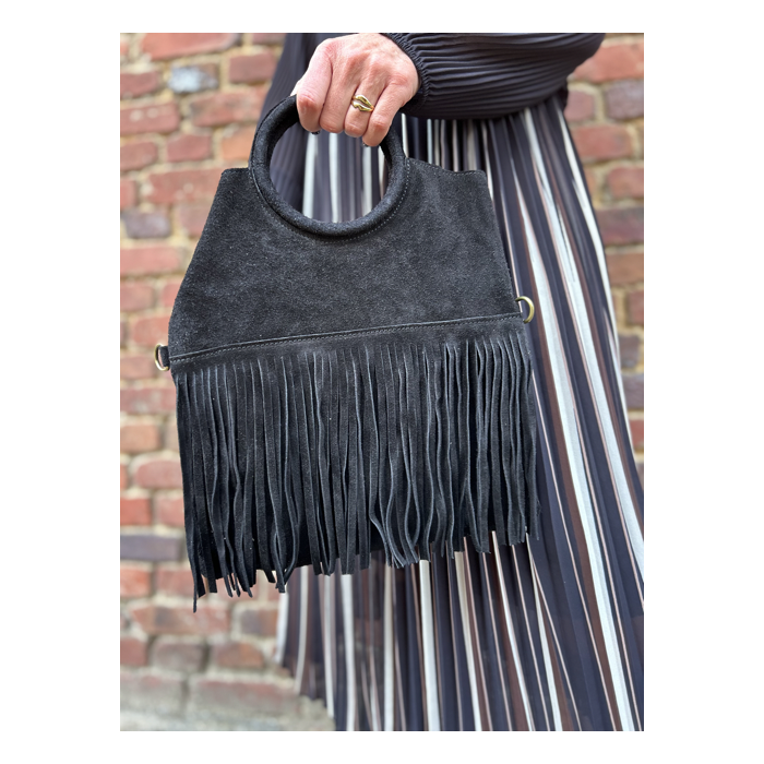 Petit sac noir en daim femme – Franges bohème, anse ronde & bandoulière amovible