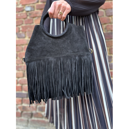 Petit sac noir en daim femme – Franges bohème, anse ronde & bandoulière amovible