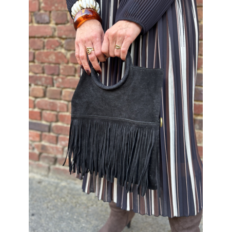 Petit sac noir en daim femme – Franges bohème, anse ronde & bandoulière amovible