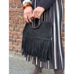 Petit sac noir en daim femme – Franges bohème, anse ronde & bandoulière amovible