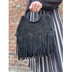 Petit sac noir en daim femme – Franges bohème, anse ronde & bandoulière amovible