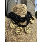 Collier multi-rangs femme – Fils dorés ou noirs & pampilles dorées chic