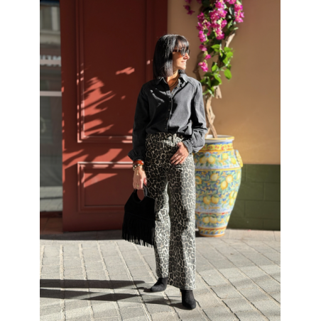 Jean Léopard Gris/Noir Femme – Taille Haute Évasé – Collection Allure d’Automne