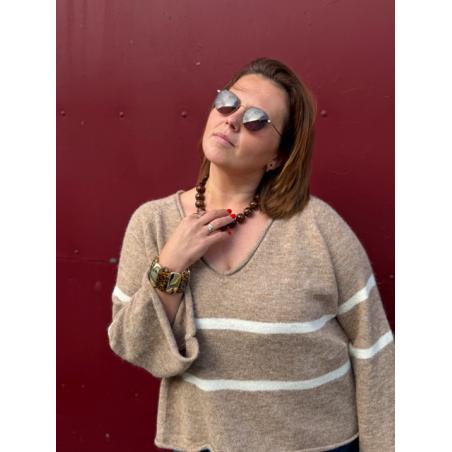 Pull fluide col V à marinière – Beige | Style Plus 42 à 48
