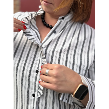 Blouse rayée col volanté – Blanc & noir | Style Plus L à 4XL