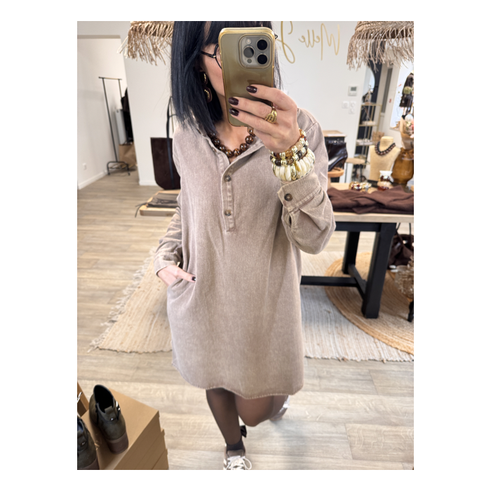 Robe en jean marron délavé col victorien | S à L