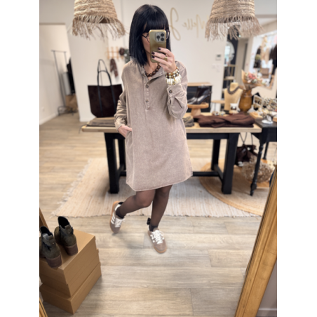 Robe en jean marron délavé col victorien | S à L
