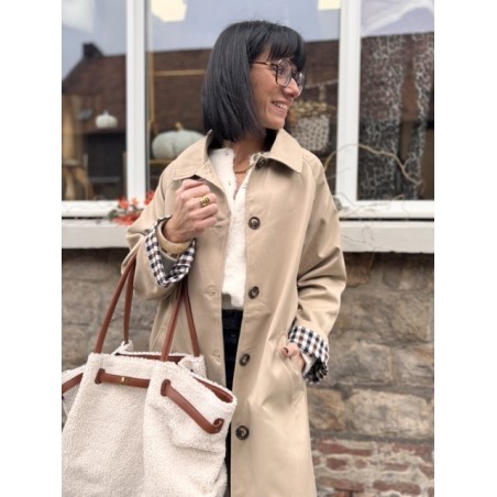 Trench long beige clair manches vichy | Élégance chic façon Burberry