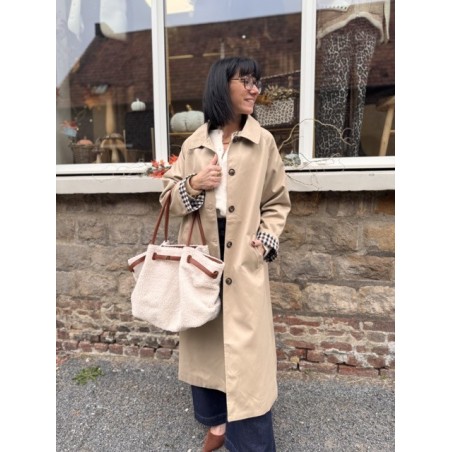 Trench long beige clair manches vichy | Élégance chic façon Burberry