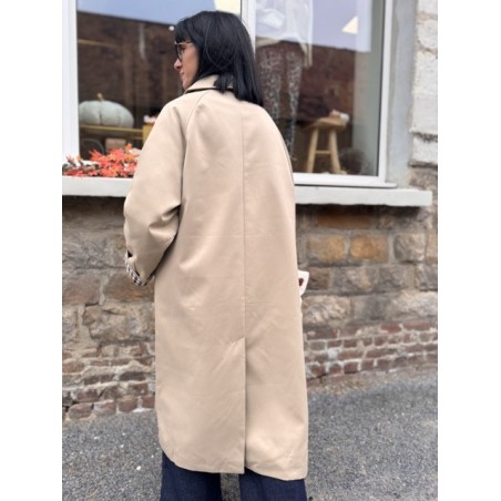 Trench long beige clair manches vichy | Élégance chic façon Burberry