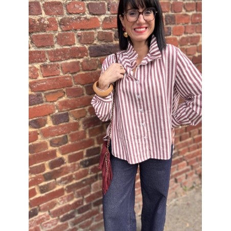 Chemise en coton rayée bordeaux et blanche col victorien – coupe large